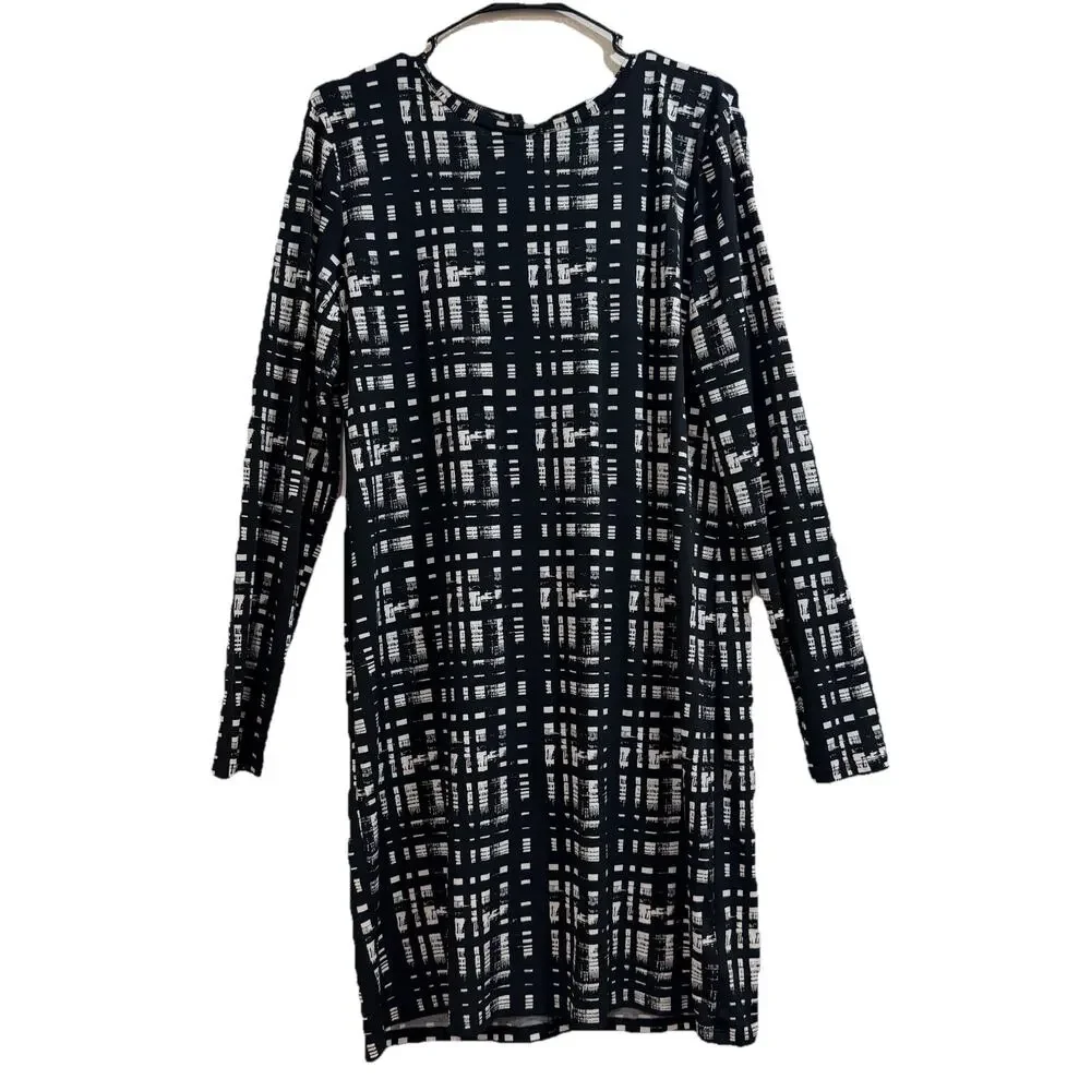 Michael Kors Day Dress Size L Black Plaid Long Sleeve Stretch Sheath Essentials
